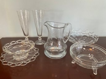 Collection Of Glass Pitcher, Etched Glasses & Bowls