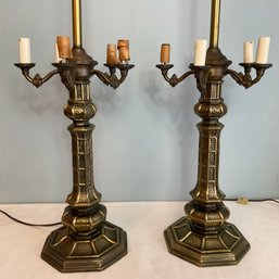 Pair Of MCM 5 Light Candelabra Brass Table Lamps