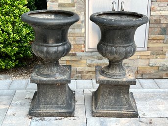 Pair Of Round Composite Pedestal Planter Urns