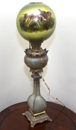 Antique Parlor Lamp With Hand Painted Globe Shade
