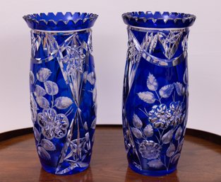 Cobalt Blue Bohemian Art Glass Vases- A Pair