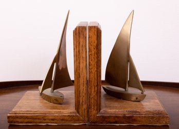 Pair Of Brass And Wood Sailboat Bookends