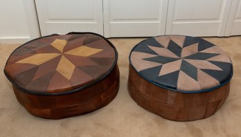 Pair Of Vintage Leather Drum Poufs
