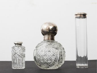 3 Pc.Antique Sterling Mount Glass Perfume Bottles