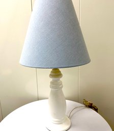 White Wood Table Lamp With Light Blue Shade