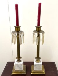 Pair Of Drop Crystal Table Lamps With Marble Base