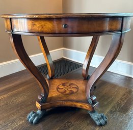 Round Accent Table With Wooden Inlay Designs And Metal Claw Feet