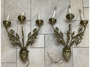 Pair Of Brass Three Arm Wall Sconces