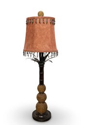Brown Wicker Table Lamp With Beaded Shade
