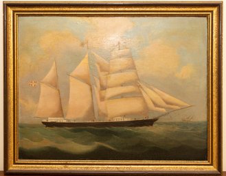 19th Century Antique Schooner Painting Framed In A Wood Frame