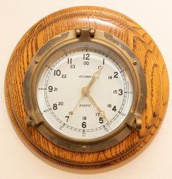 Porthole Brass Clock On Wood Base