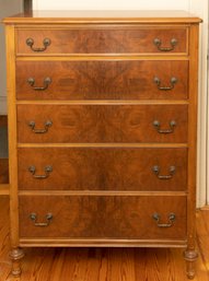 Mid Century Cherry 5 Drawer Chest With Burlwood Drawers
