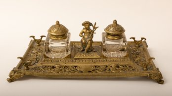 Antique Brass Inkwell Stand