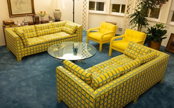 Mid Century Yellow And Blue Leather Sofa