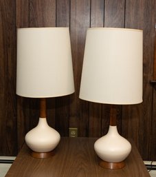 Pair Of Mid Century White Satin Ceramic & Walnut Table Lamps