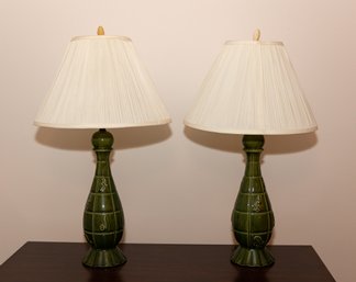 Pair Of Green Glazed Table Lamps