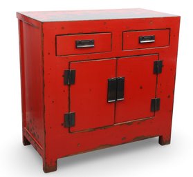 Distressed Red Lacquer Oriental Chest