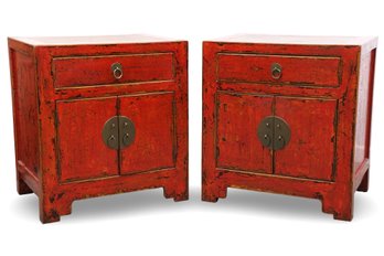 Distressed And Rattan Crackle Top  Asian End Tables - A Pair