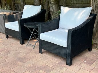 Pair Of Wicker Patio Armchairs With Side Table