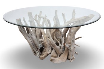 Birch Trunk Coastal Table With Beveled Glass Top