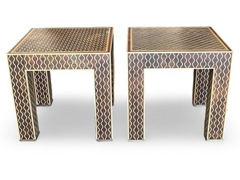 Century Furniture Modern Inlaid Brown & Gold Side Tables- A Pair