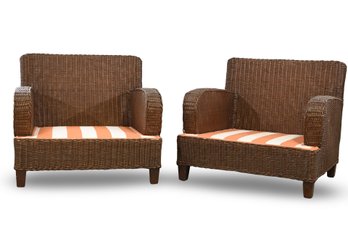Pair Of Striped Bottom Wicker Arm Chairs