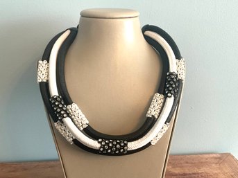 Fabrice Three Strand Black & White Leather Necklace