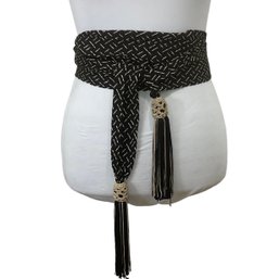 Black & Gold Fabric Sash Belt With Tassels