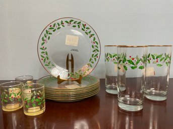 Lenox Holly Holiday Glass Dessert Dishes, Glasses & Votives All New