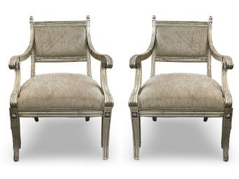 A Superb Pair Of Silver Leafed French Arm Chairs With Gray Upholstery