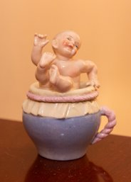 Vintage Porcelain Baby Figurine Sitting On Mug Honey Pot