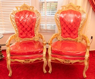 Pair Of Gold Gilt Red Tufted Armchairs Excellent Condition!