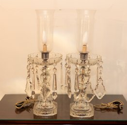 Pair Of Drop Crystal Hurricane Lamps