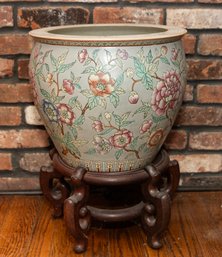 Asian Floor Vase On Wooden Base