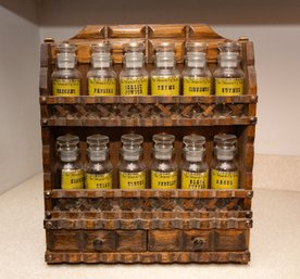 Vintage Wooden Spice Rack With Bottles