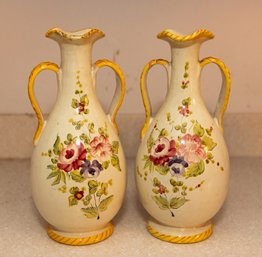 Pair Of Hand Painted Dual Shoulder Vases