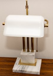 White & Brass Bankers Lamp On Marble Base