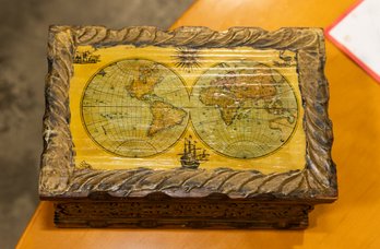Carved Storage Box With Old Map Motif