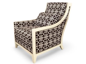 Century Furniture Large Cream Lacquer Lounge Chair With Brown Geometric Fabric