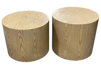 Pair Of Oak Veneer Round Side Tables