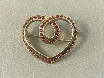 Napiero Gold-tone With Red Rhinestones Heart Pin Brooch