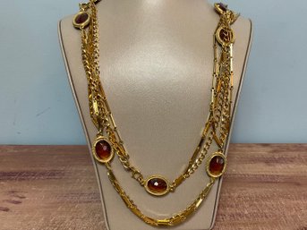 Long Gold-tone & Amber 3 Strand Necklace