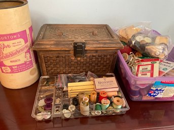 Vintage Sewing Box With Supplies And Large Collection Of Buttons