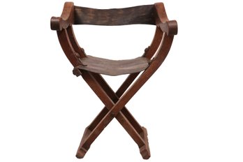 Antique Medieval Savonarola Arm Chair With Leather Seat