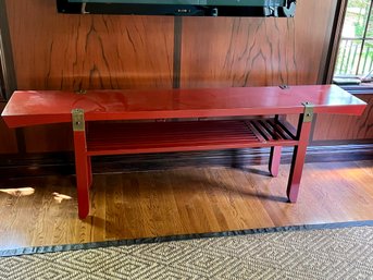 Long Red Two Tier Console Table With Brass Accents