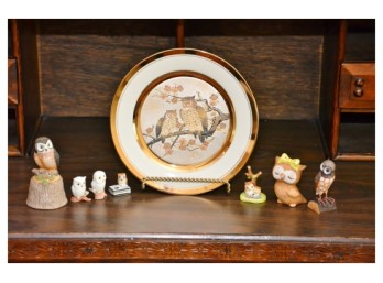 Owl Figurine And Collector Plate Grouping