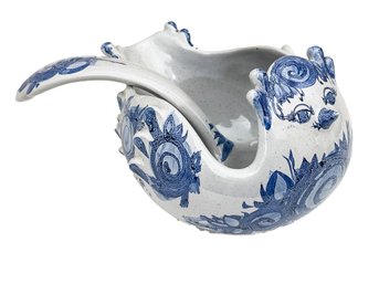 Mid Century Bjorn Wiinblad Blue & White Ceramic Bird Serving Bowl & Ladle