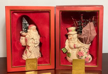 Pair Of Lenox Petals & Pearls Santa & Snowman New In Boxes