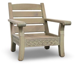 REED BROS. WOODEN DECK ARMCHAIR W/HAND CARVED DEISIGN AND WEATHERED FINISH