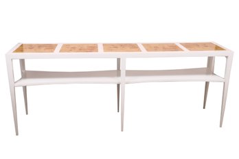 White Lacquer Console Table With Burl Wood Veneer Top